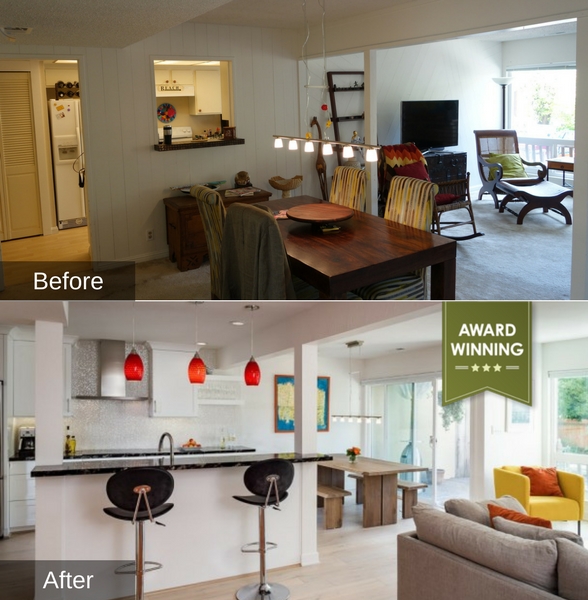 before and after of award-winning kitchen and open plan living area remodel
