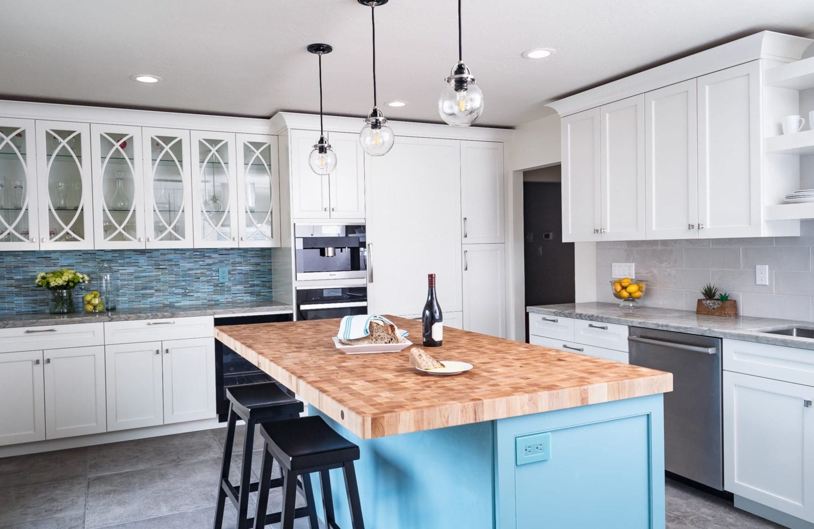 End Grain Butcher Block Top island aqua base black stools space for seating