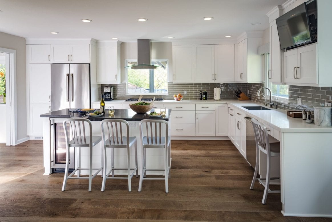 Walnut Creek Transitional White Kitchen Remodel Large black and white Island gray chair seating