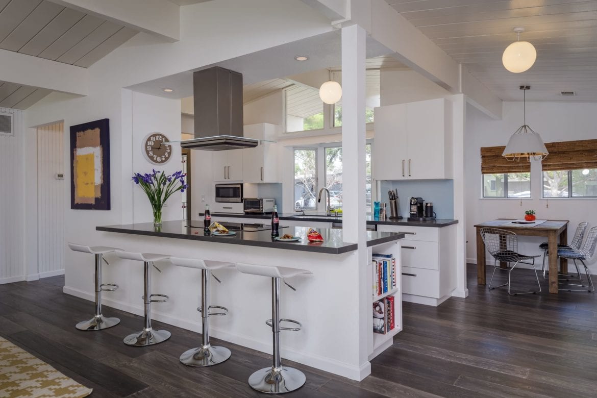 Eichler Open Plan Kitchen Remodel, Quartz countertops, hardwood floors