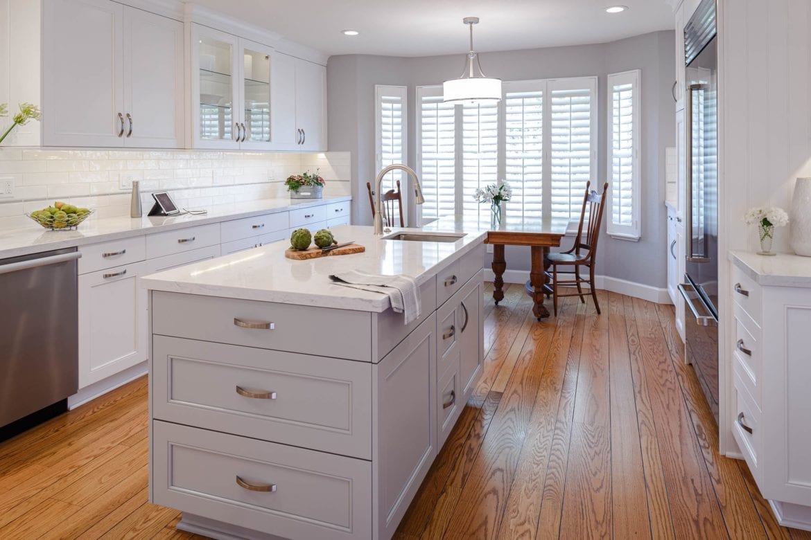 danville, ca white open plan kitchen remodel with hardwood floors