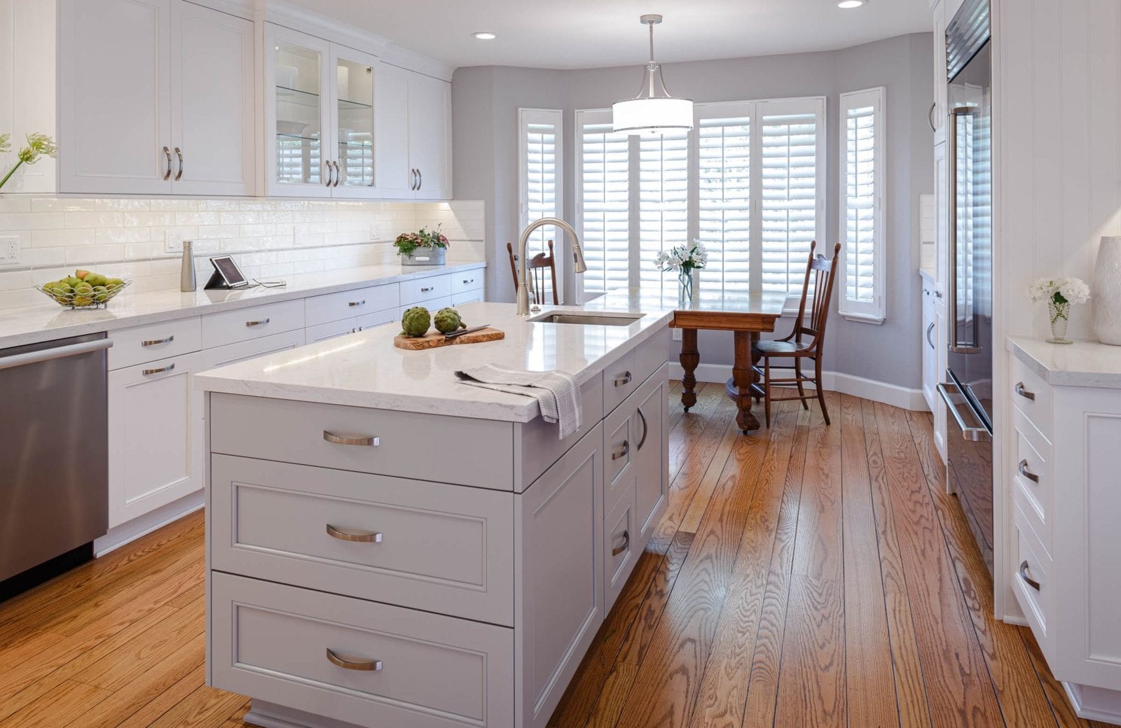 danville, ca white open plan kitchen remodel with hardwood floors