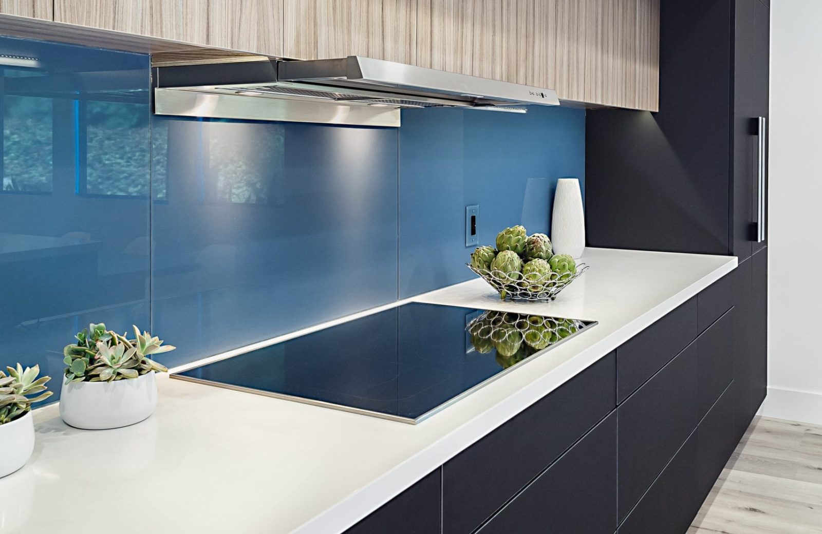 Blue Soda Glass Backsplash in after kitchen remodel picture