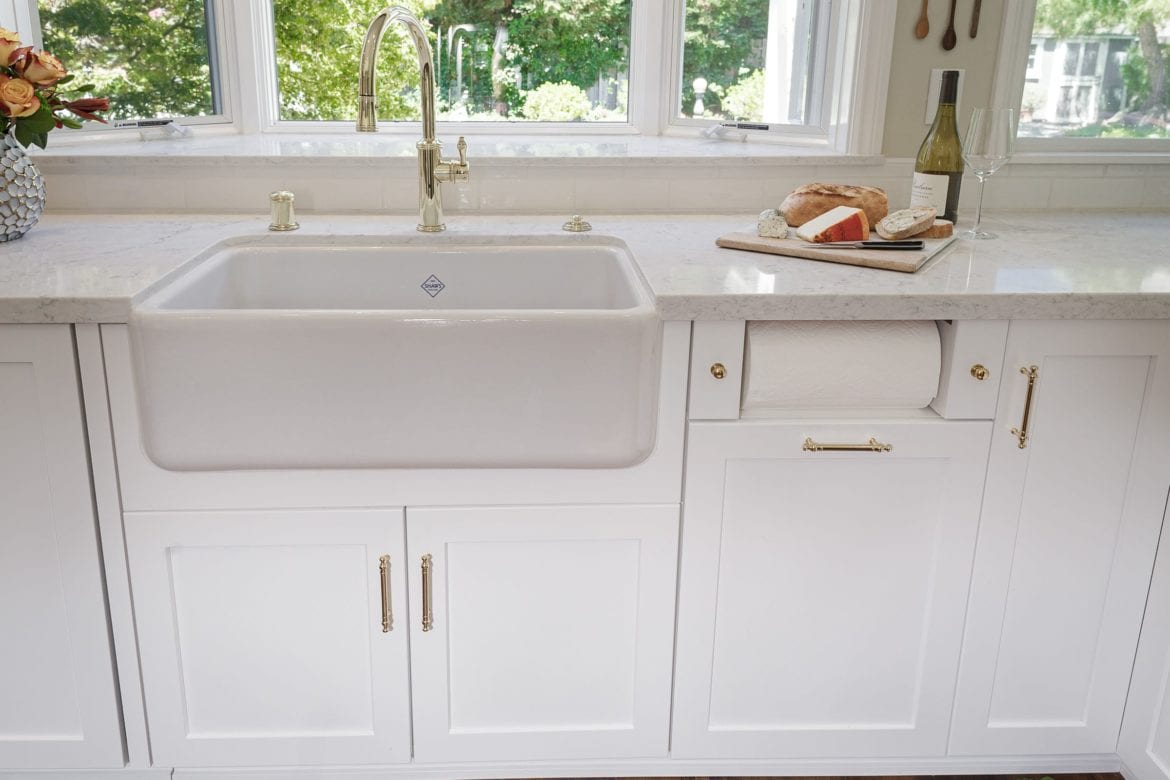 white farm sink and white cabinets in walnut creek, ca kitchen remodel