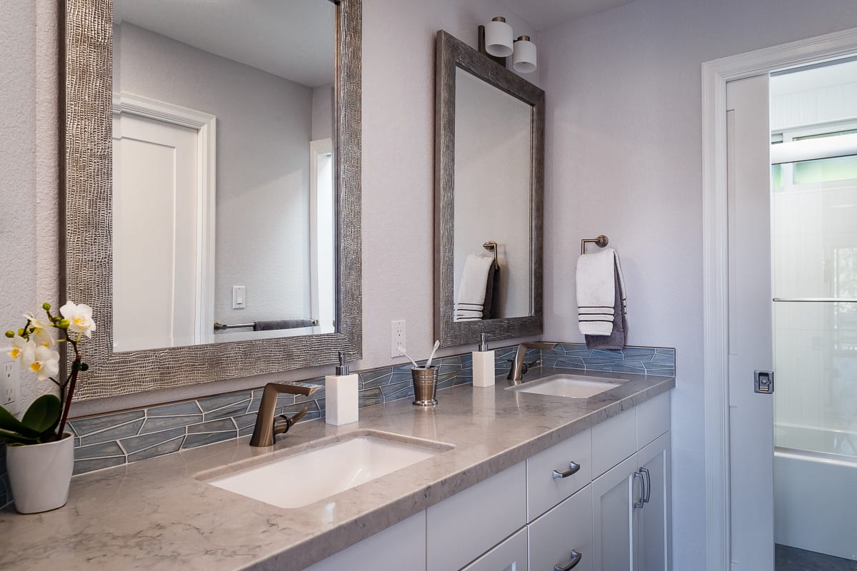 east bay transitional gray and blue hall bath remodel
