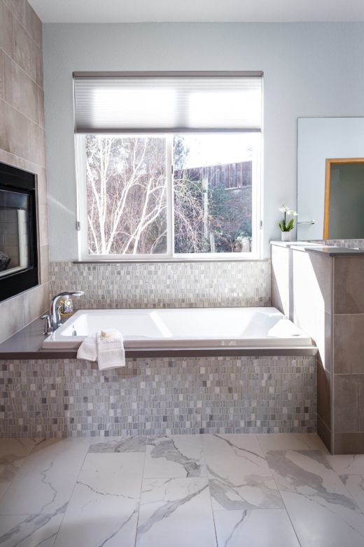 Pleasant Hill master bath remodel, tiled tub, fireplace
