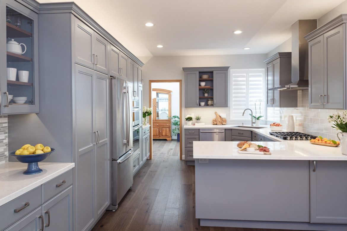 Pleasant Hill kitchen, grey painted cabinets, hardwood floor