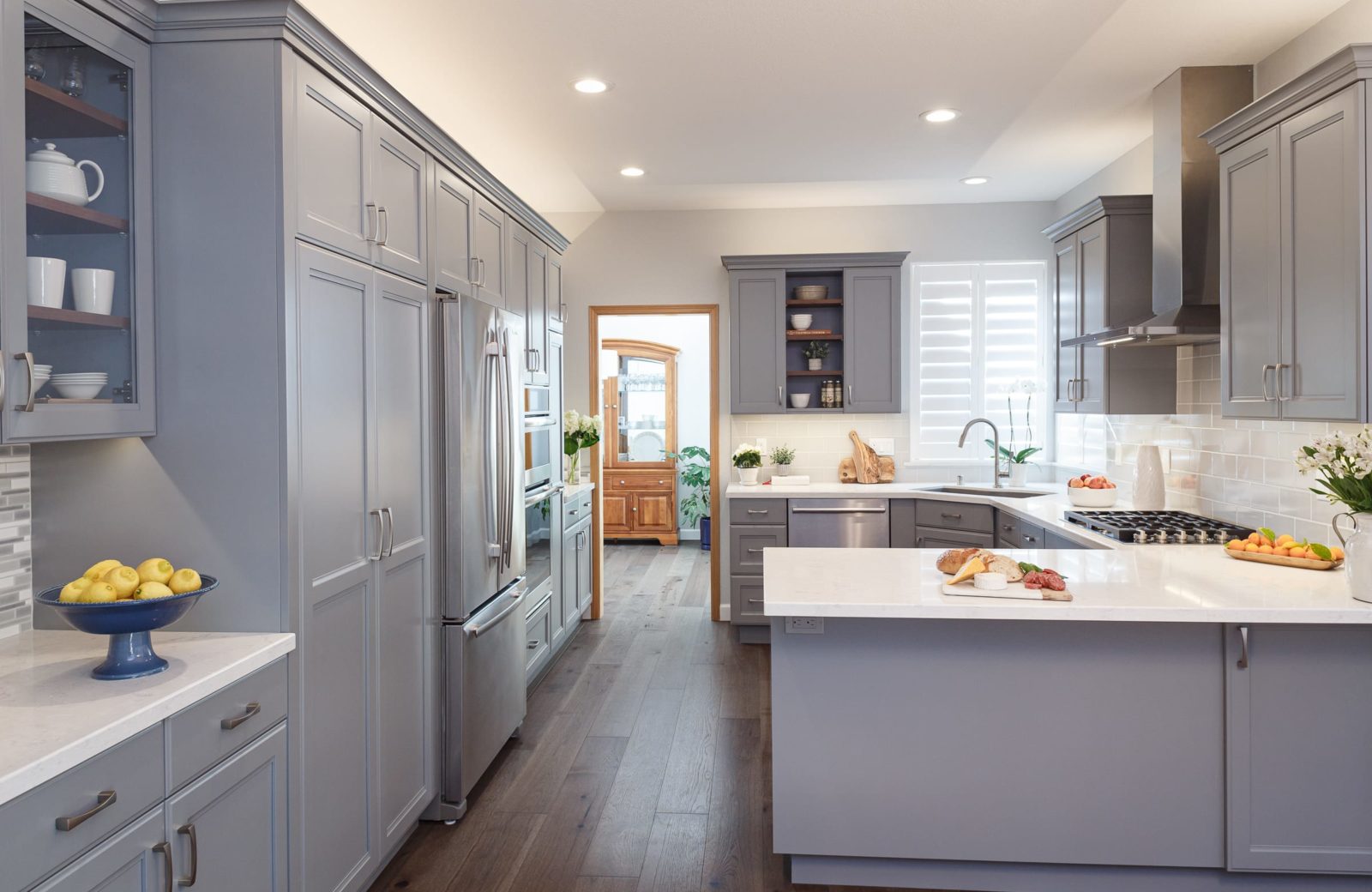 Pleasant Hill kitchen, grey painted cabinets, hardwood floor