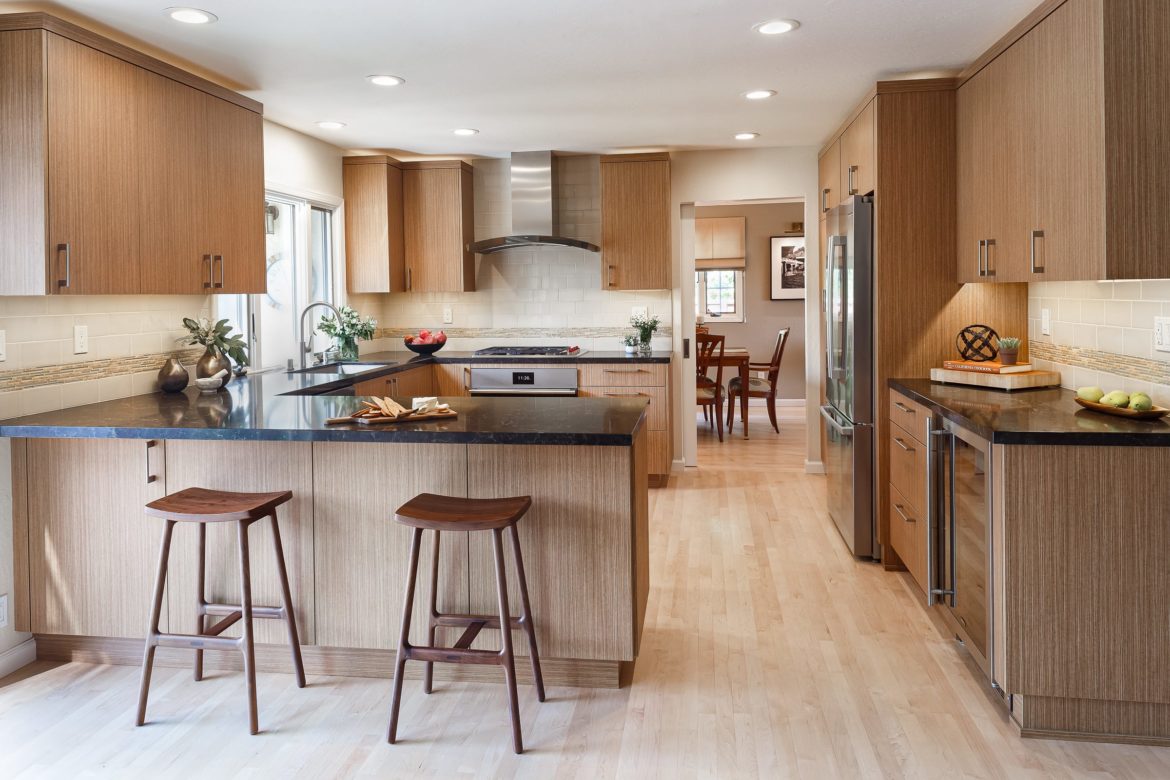 Transitional kitchen with faux wood cabinets
