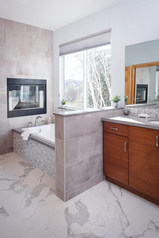 Pleasant Hill masterbath, tiled pony wall, tub with fireplace