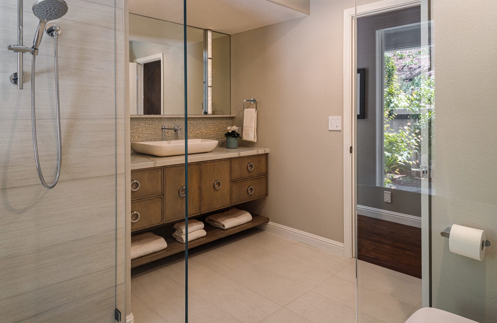hall bathroom remodel with custom vanity and backsplash tile