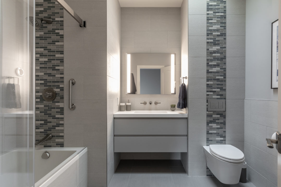 Award Winning EnSuite Bathroom remodel contemporary gray and white luxury vertical accent tile