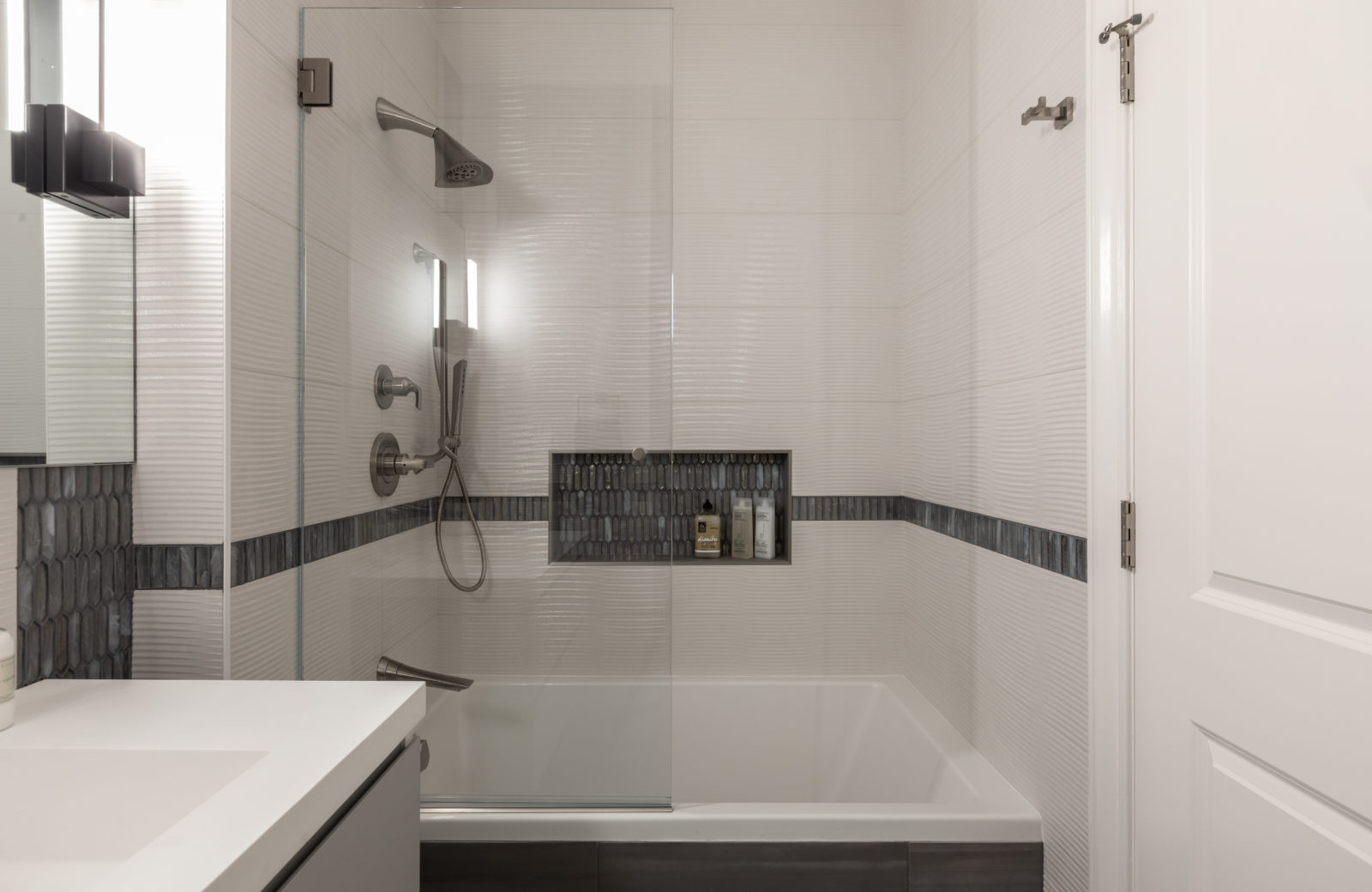 Award Winning Upstairs Hall Bath Remodel luxury white gray Pleasanton Ca