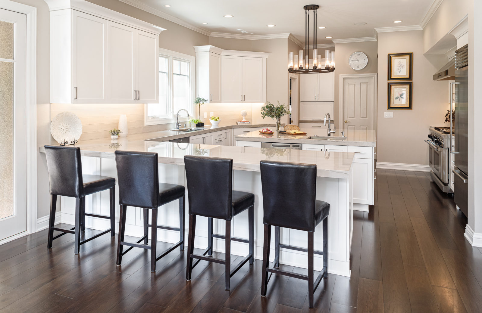 Dark hardwood floors, quartzite countertops and iron light fixture