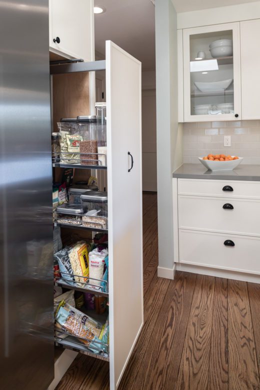 modern pullout-pantry-wood-floors, white painted cabinets