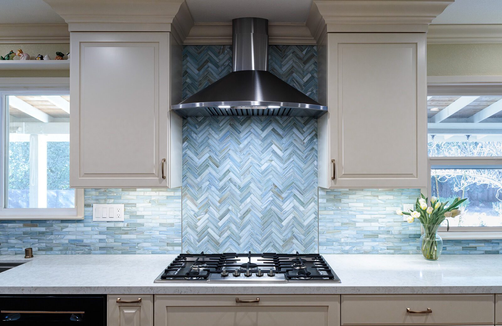 Chevron glass mosaic backsplash