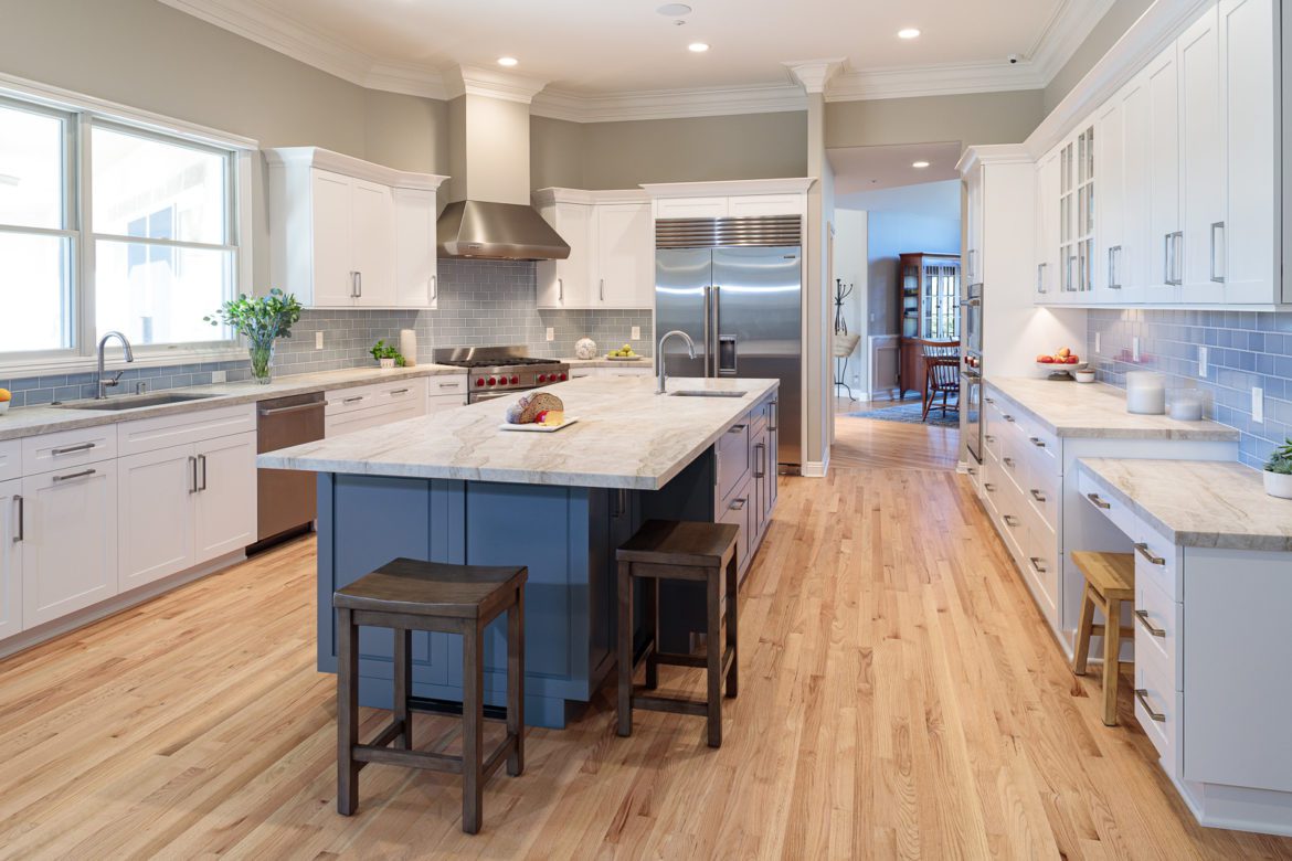 Periwinkle island, white painted cabinets