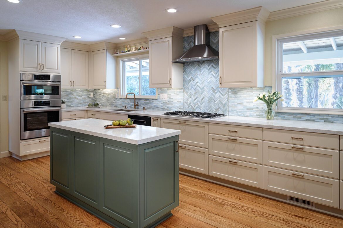 Green island, white painted cabinets