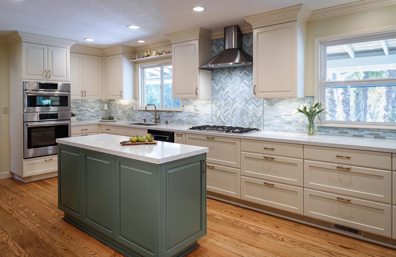 Green island, white painted cabinets