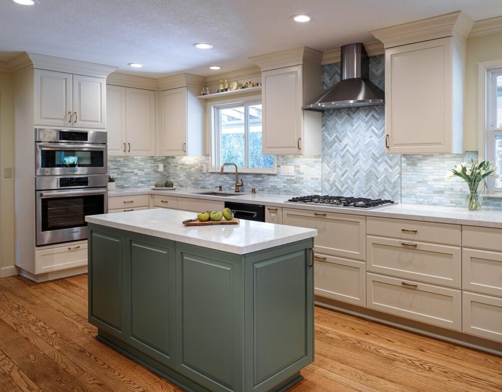 Walnut Creek Green kitchen island, white painted cabinets