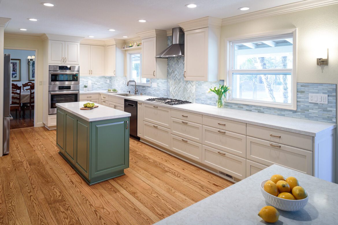 quartz countertops, wood floors, small island