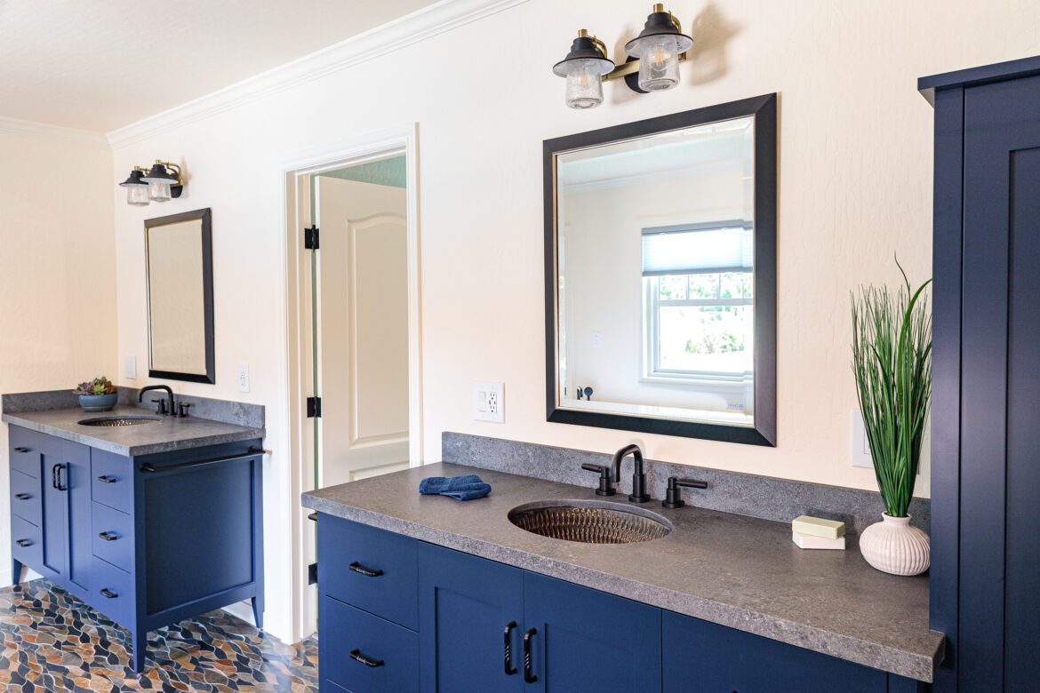 bathroom remodel Blue painted vanities, quartz countertops