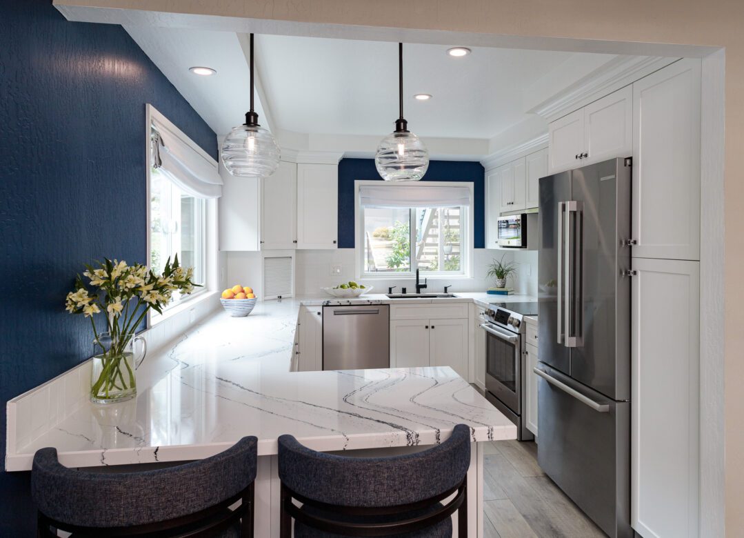 White and Blue kitchen remodel, peninsula 2 seats