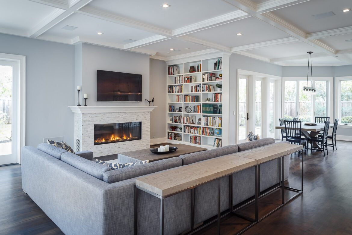 Family room remodel custom bookcases, linear fireplace coffered ceiling