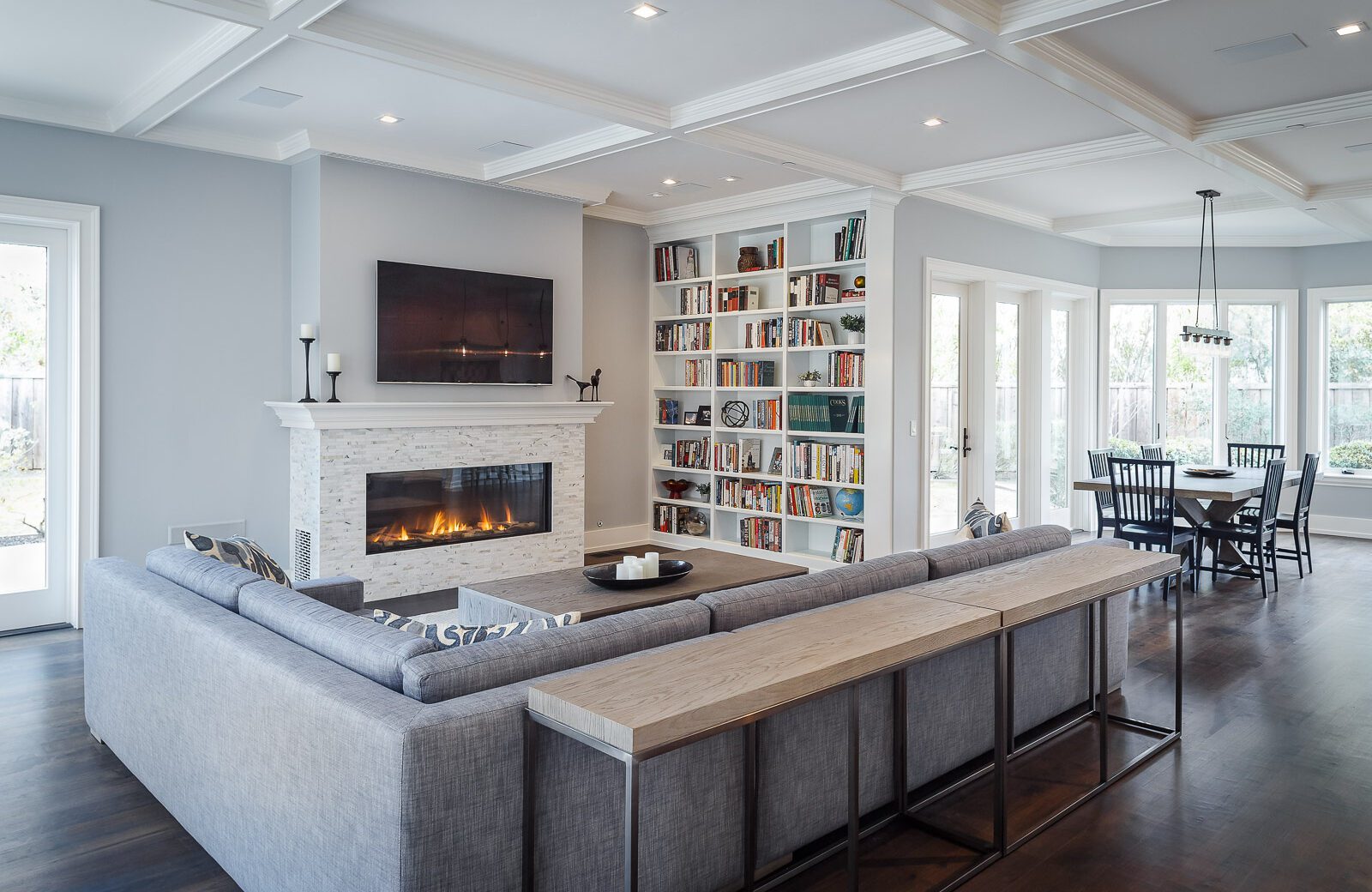 Family room remodel custom bookcases, linear fireplace coffered ceiling