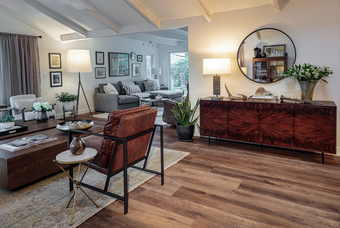 Living room family room open plan remodel LVP flooring
