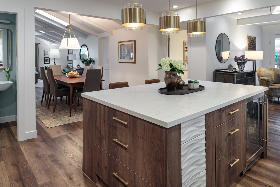 Open plan kitchen remodel, large seated island
