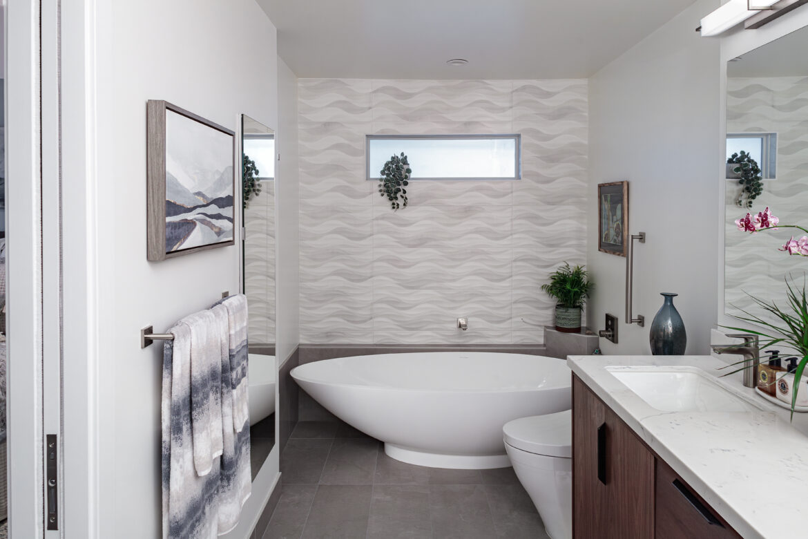 modern Primary bathroom remodel, large freestanding tub, 3d wall tile
