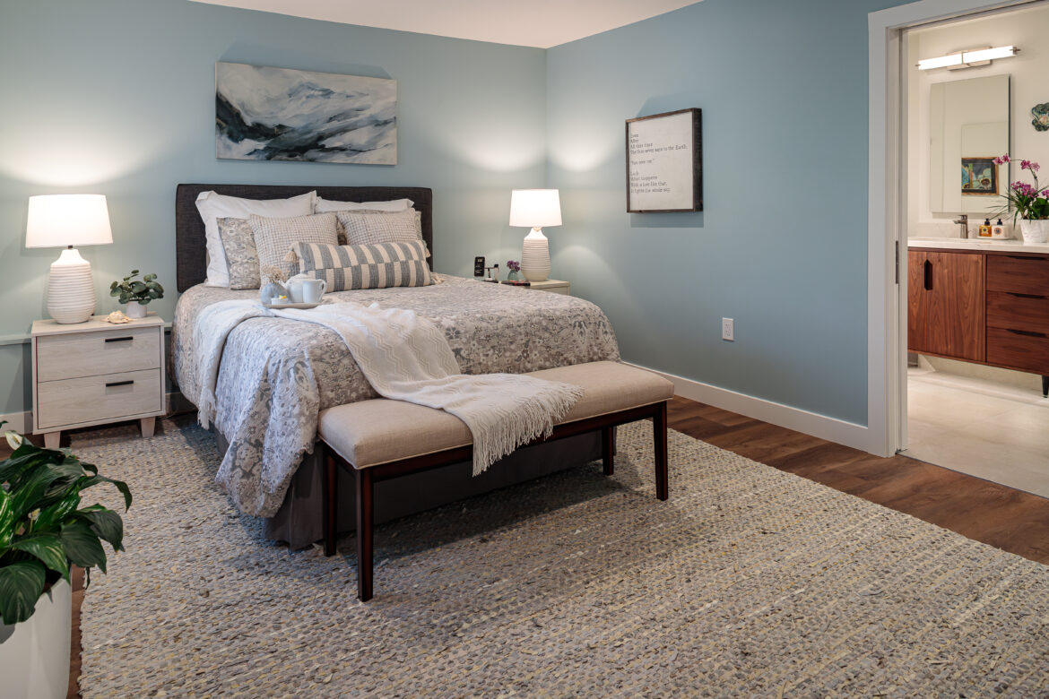 primary bedroom remodel blue and wood