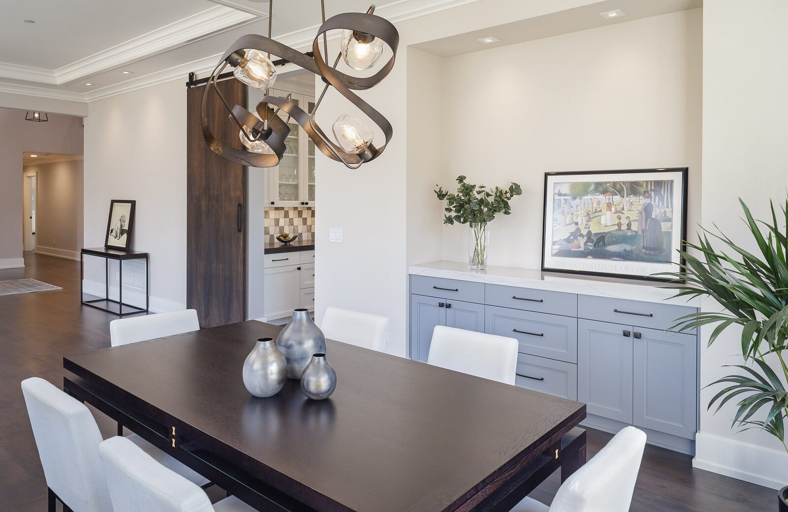 dining room remodel painted cabinetry and hubbardton forge chandelier