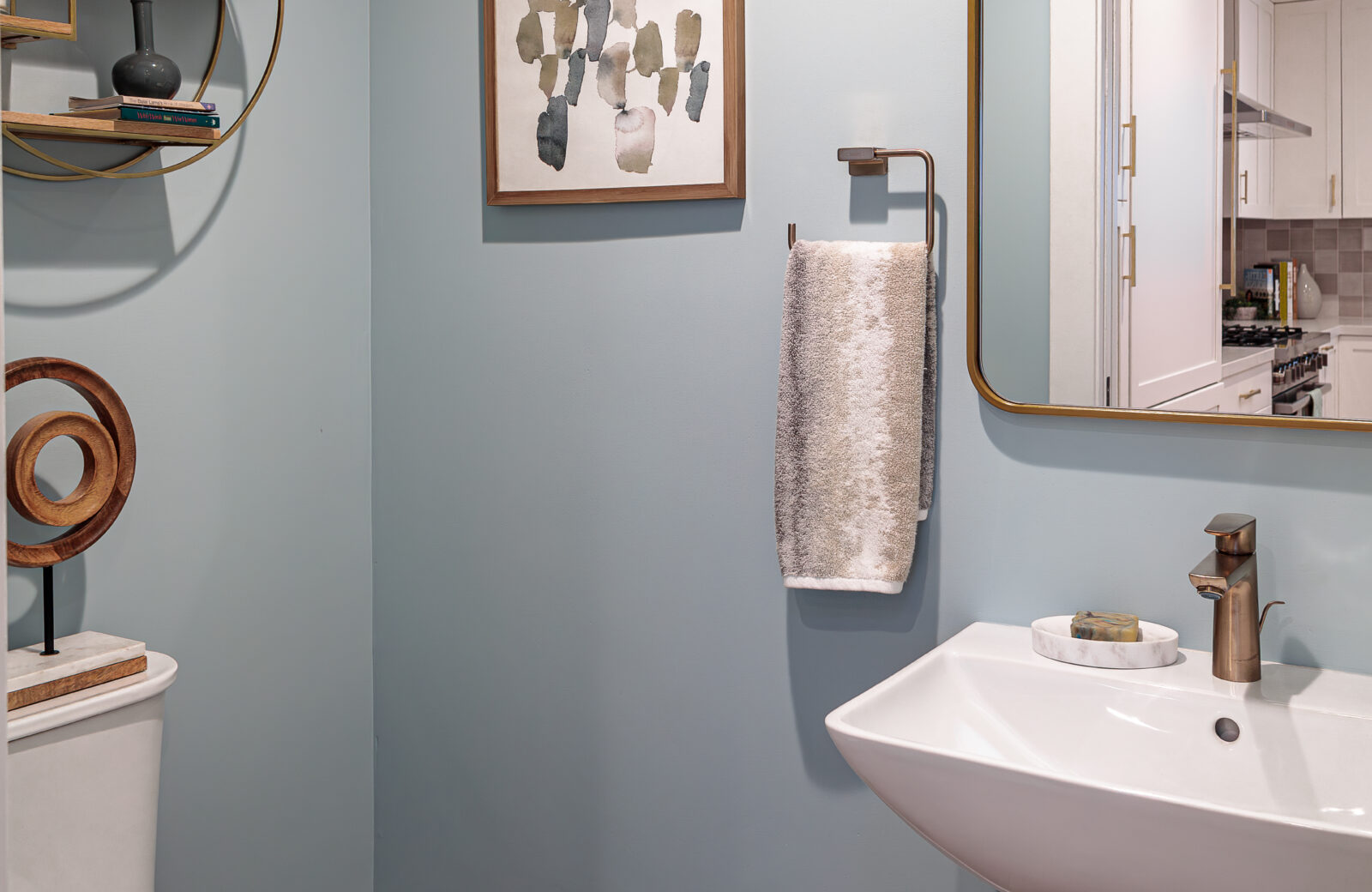 blue powder room remodel pedestal sink
