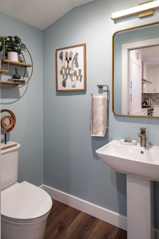 blue powder room remodel pedestal sink