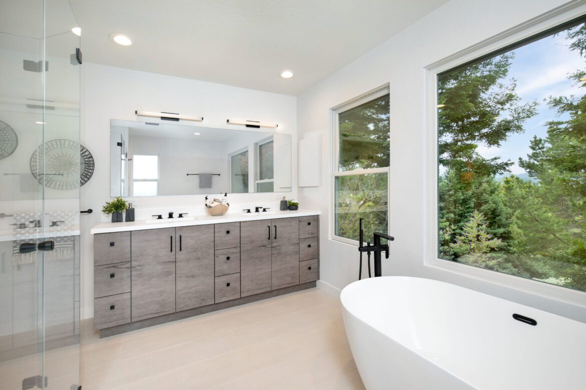 primary bathroom remodel, double vanity, sconces