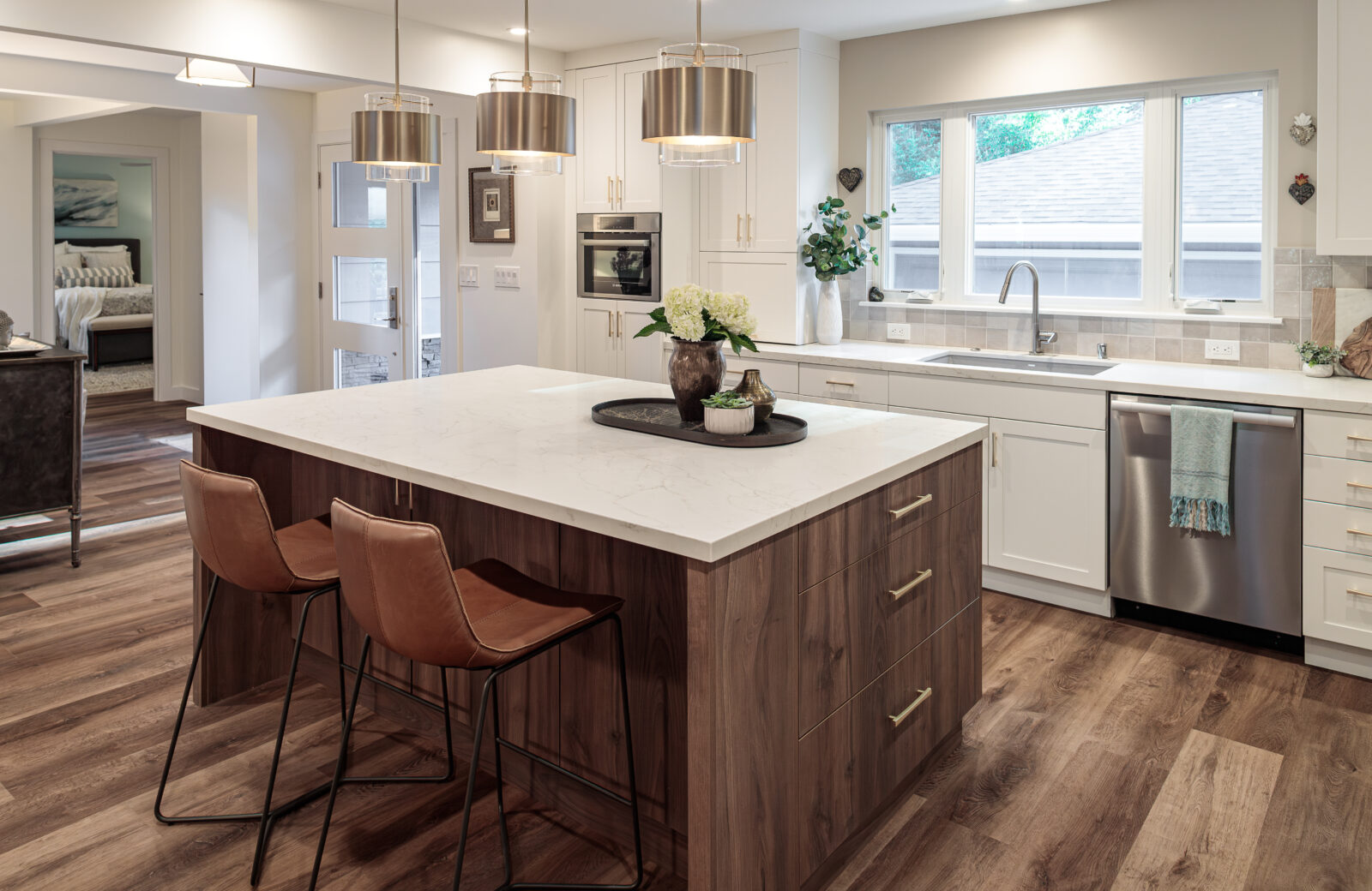kitchen remodel white painted cabinets wood island two tone