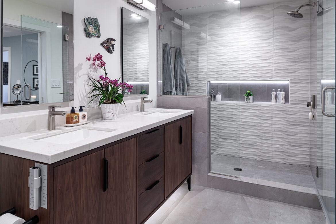 modern walnut bathroom vanity gray primary suite remodel