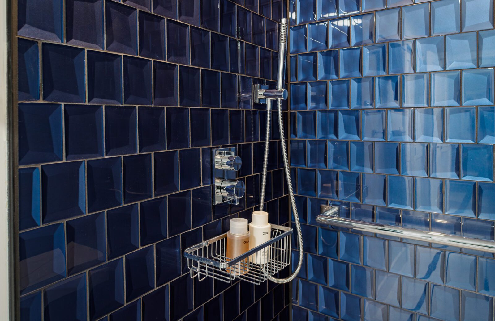 primary bathroom remodel, 3d dark blue tile walls in shower, chrome fixtures