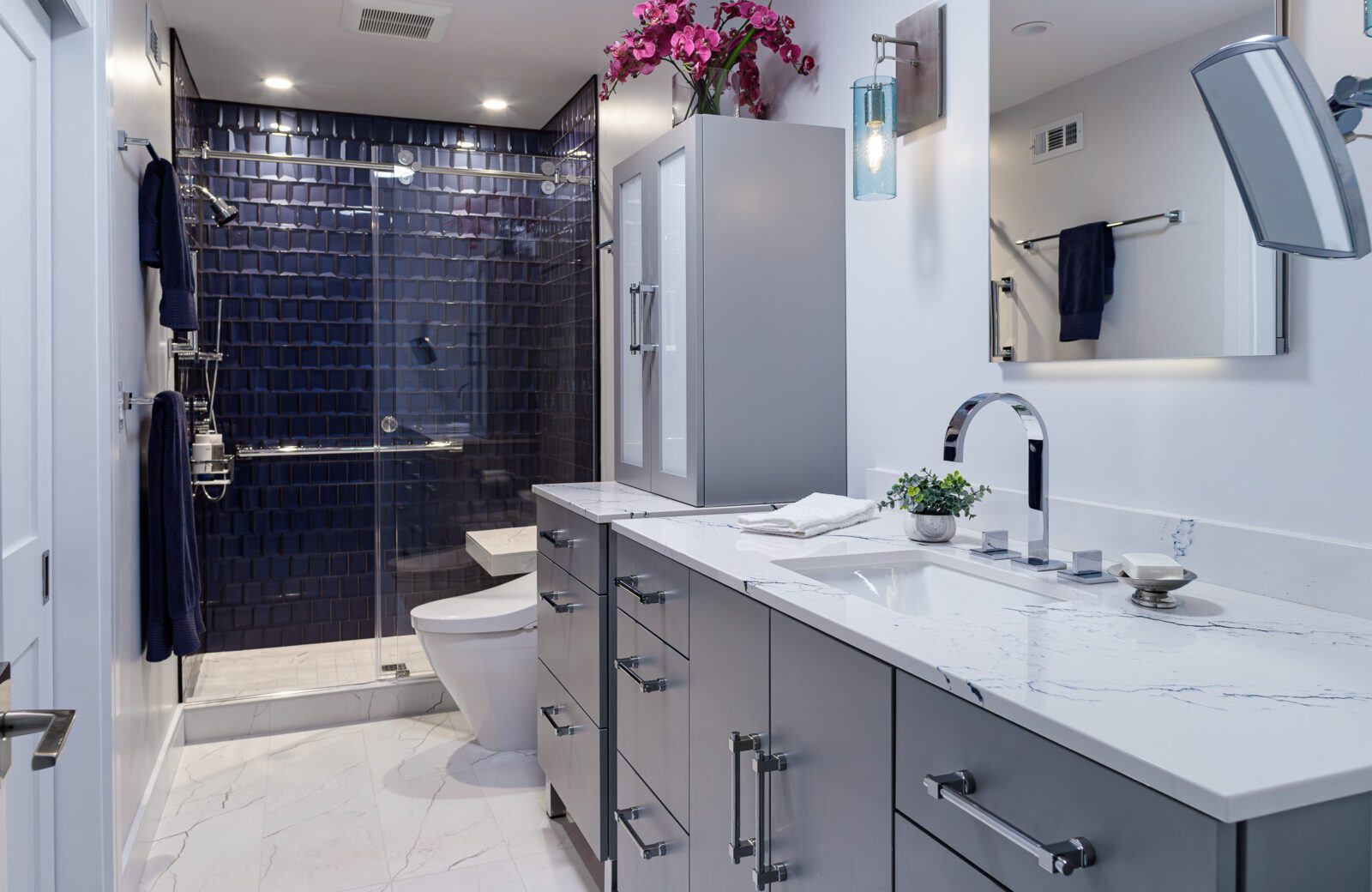 primary bathroom remodel, 3d blue tile walls, grey double vanity cabinets, chrome fixtures
