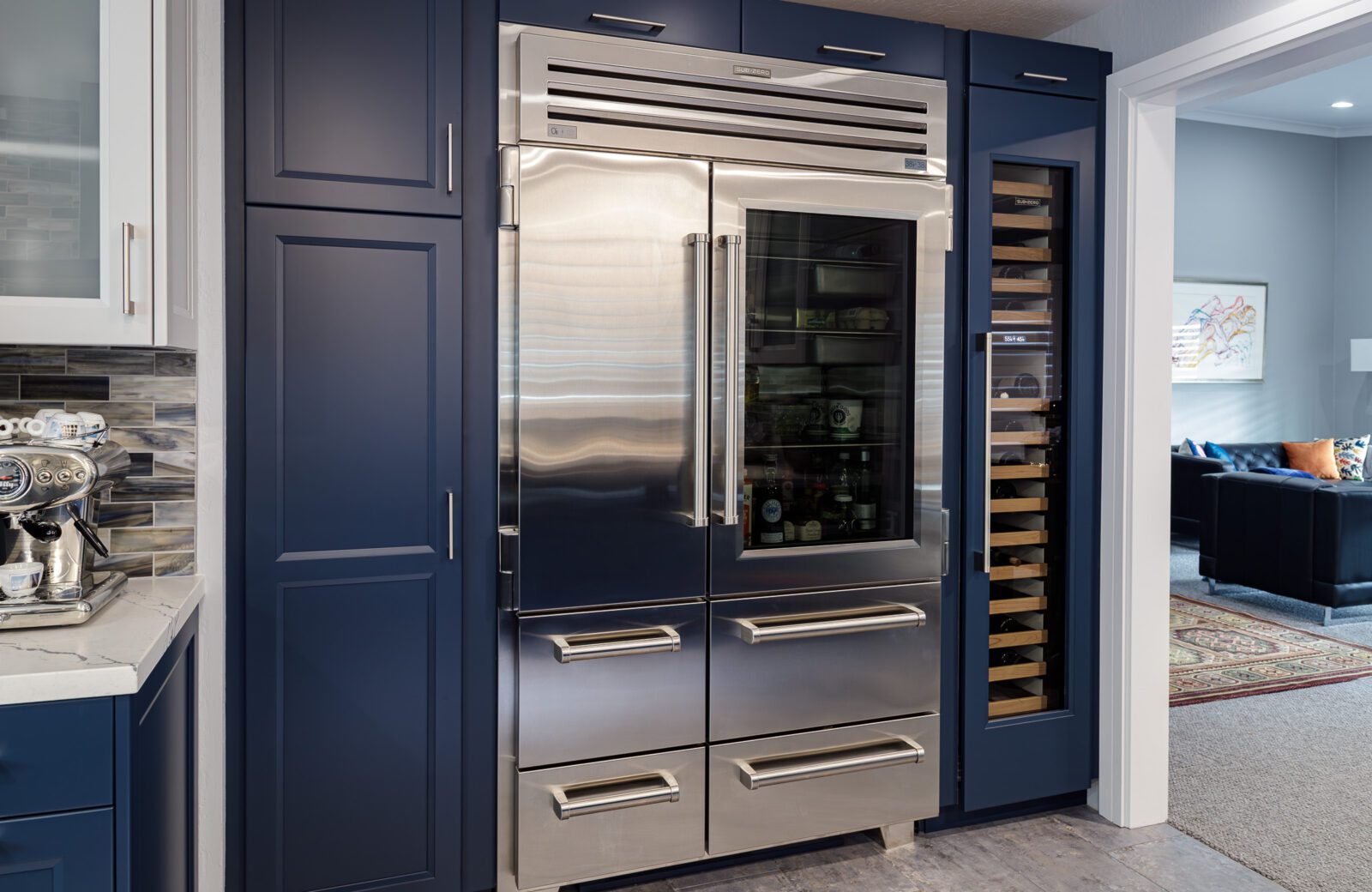 kitchen remodel, glass door SubZero refrigerator, dark blue cabinets