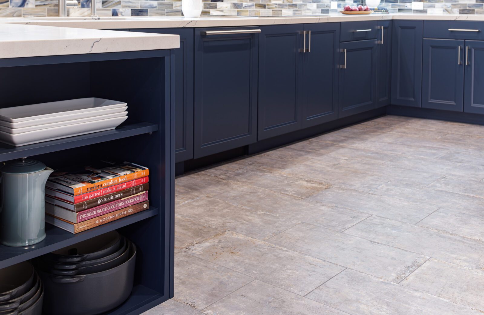 kitchen remodel, dark blue kitchen cabinet with built in bookshelves