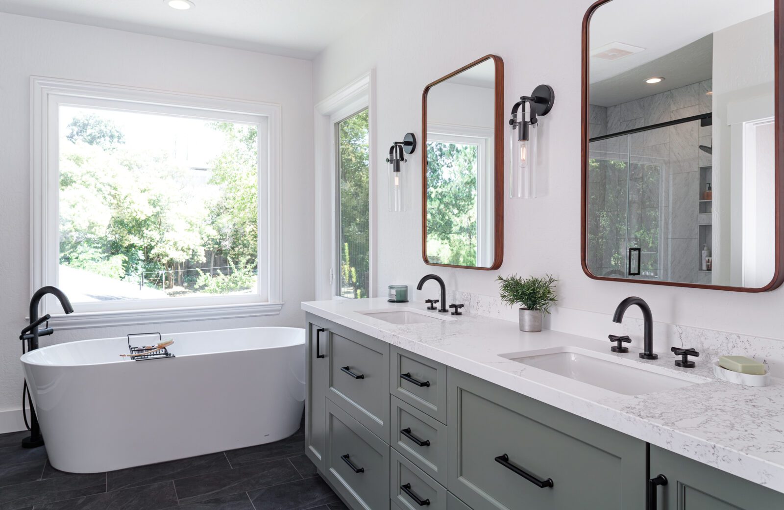 primary bathroom remodel, Green vanity, painted cabinets, stand alone white tub, slate floor