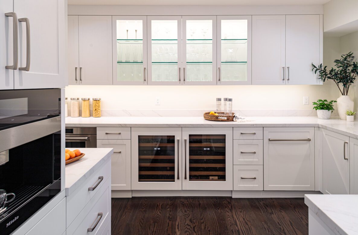 wine fridge, miele cofee station, hardwood floors
