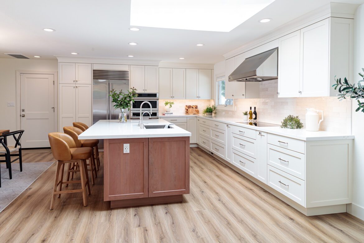 kitchen remodel, large island with seats, LVP flooring