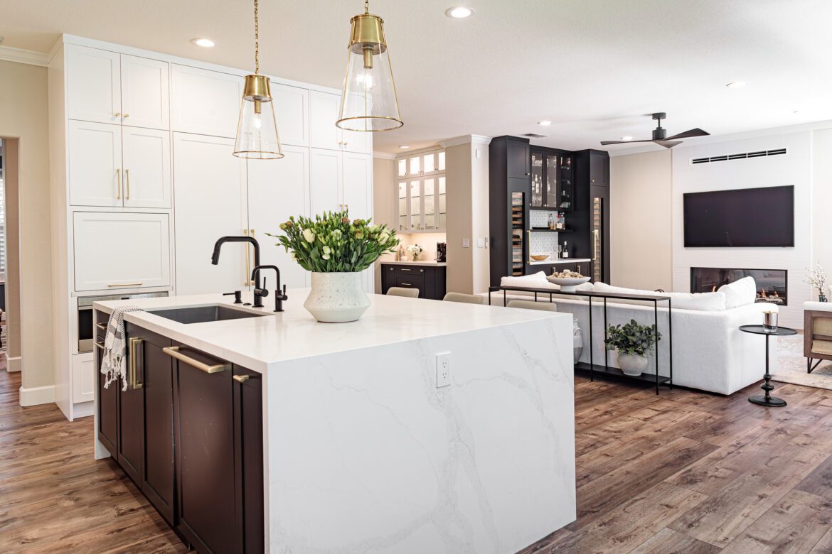 full black and white open plan kitchen remodel with wood floor
