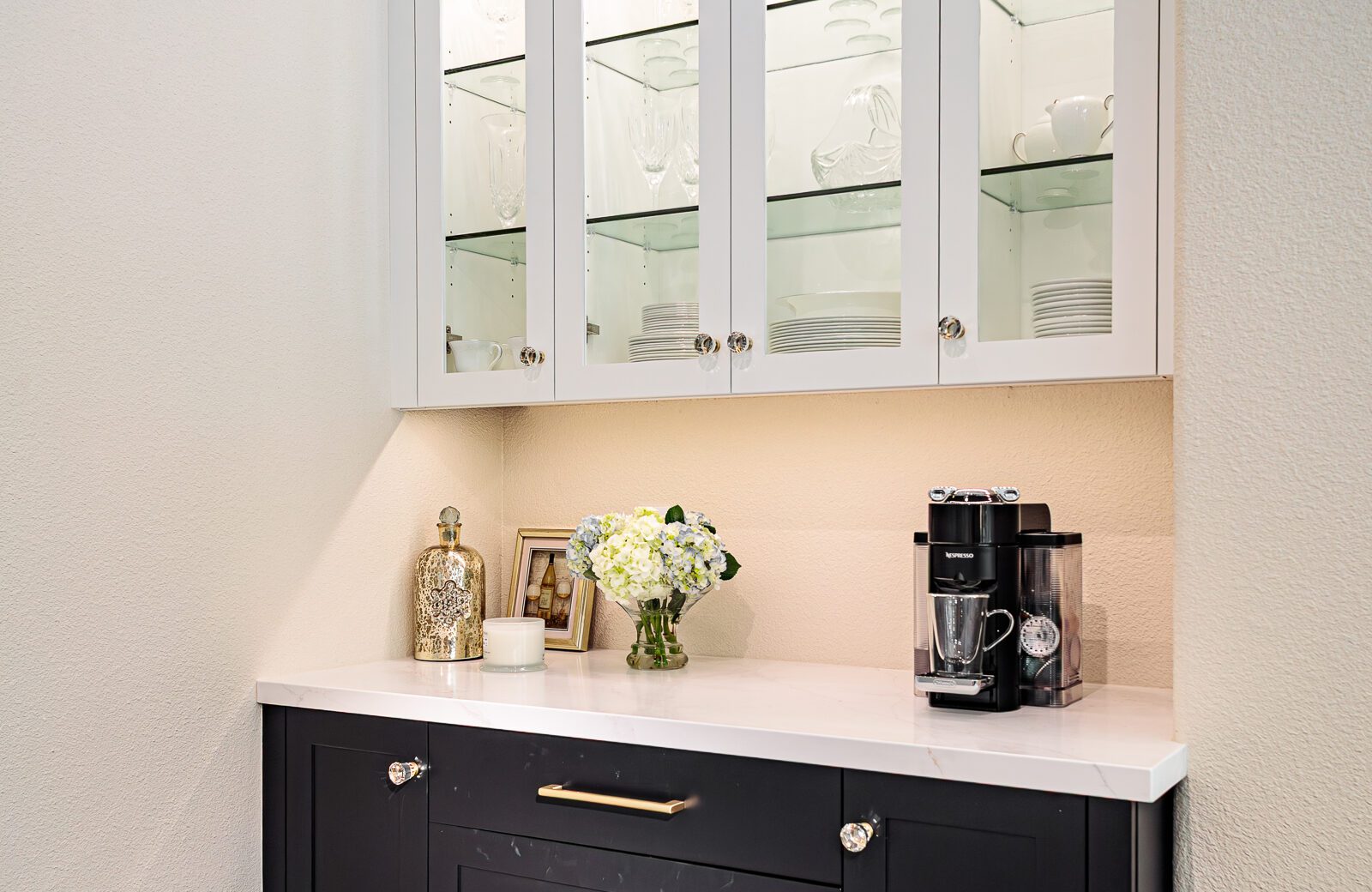 Dry bar remodel with glass door cabinets, quartz countertops