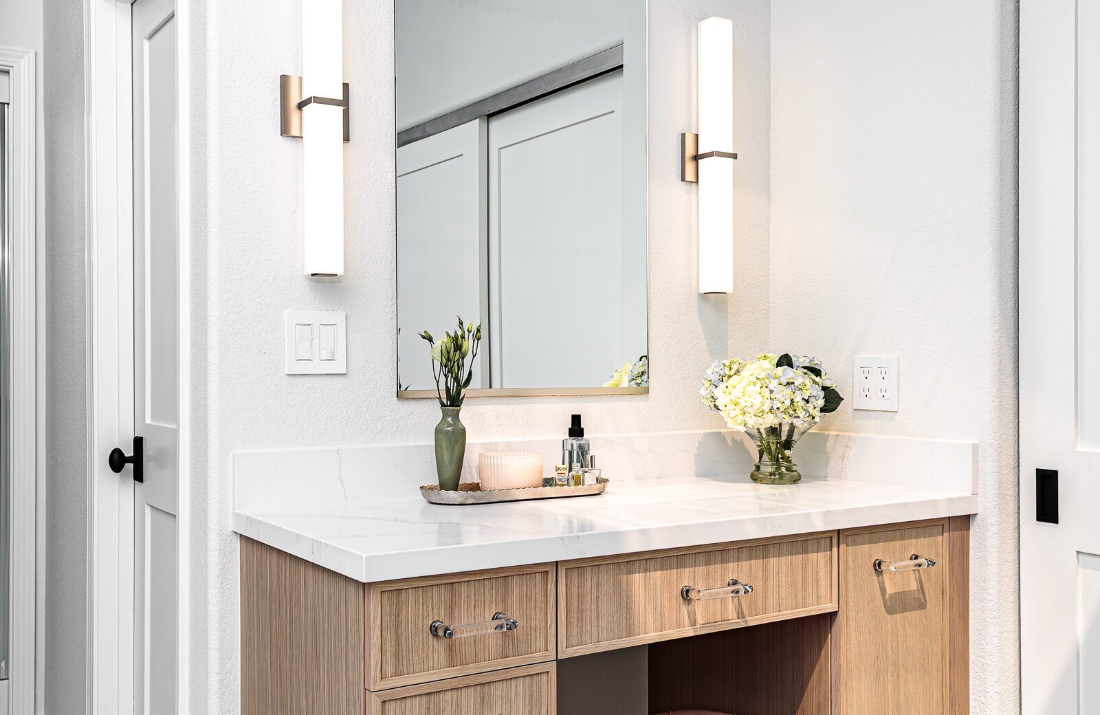Danville primary bathroom remodel, light wood makeup vanity engineered quartz counter