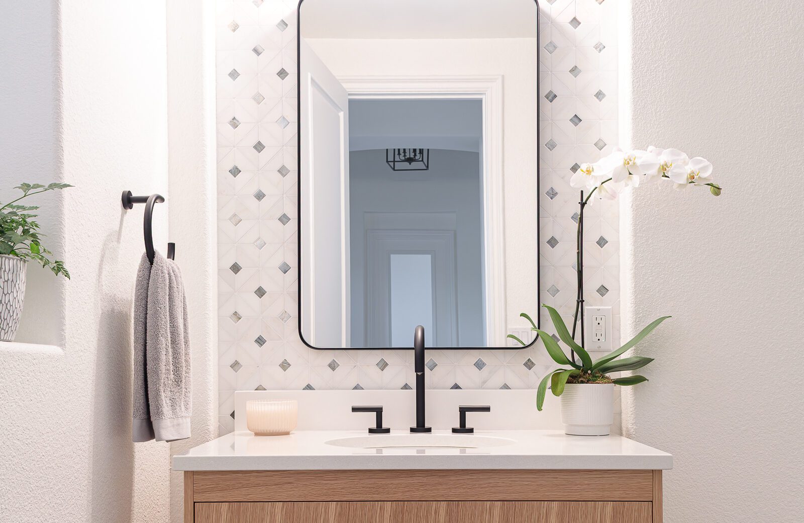 Floating vanity, rift white oak vanity, mosaic diamond tile gray with black center two drawers